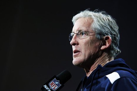 Seattle Seahawks head coach Pete Carroll speaks during a news conference at Newport in New Jersey, January 27, 2014. REUTERS/Eduardo Munoz Seattle Seahawks head coach Pete Carroll speaks during a news conference at Newport in New Jersey, January 27, 2014. REUTERS/Eduardo Munoz