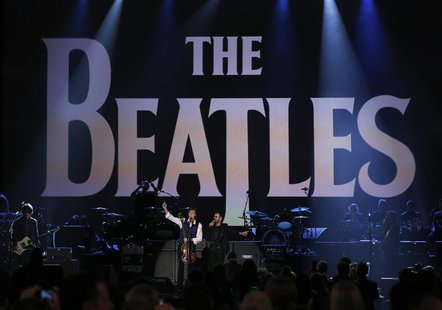 Paul McCartney (L) and Ringo Starr perform during the taping of "The Night That Changed America: A GRAMMY Salute To The Beatles", which comm Paul McCartney (L) and Ringo Starr perform during the taping of "The Night That Changed America: A GRAMMY Salute To The Beatles", which comm