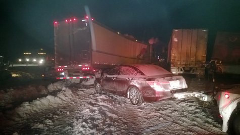 At least 16 semi trucks were involved in traffic collisions. At least 16 semi trucks were involved in traffic collisions.
