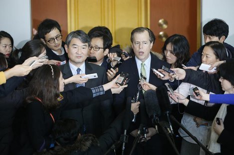 U.S. Special Representative for North Korea Policy Glyn Davies (R from center) answers questions at a news conference after a meeting with C U.S. Special Representative for North Korea Policy Glyn Davies (R from center) answers questions at a news conference after a meeting with C