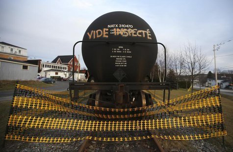 A tanker with an inscription which reads, "empty and inspected", is pictured on the rail track in Lac-Megantic, November 21, 2013. REUTERS/M A tanker with an inscription which reads, "empty and inspected", is pictured on the rail track in Lac-Megantic, November 21, 2013. REUTERS/M