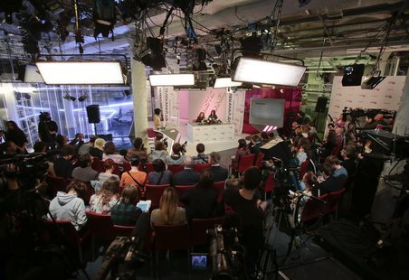 General view of the Dozhd (Rain) TV studio during a news conference with Pussy Riot members Nadezhda Tolokonnikova and Maria Alyokhina in Mo General view of the Dozhd (Rain) TV studio during a news conference with Pussy Riot members Nadezhda Tolokonnikova and Maria Alyokhina in Mo