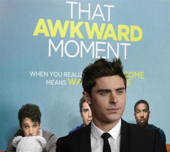 Cast member Zac Efron attends the premiere of the film "That Awkward Moment" in Los Angeles January 27, 2014. REUTERS/Phil McCarten Cast member Zac Efron attends the premiere of the film "That Awkward Moment" in Los Angeles January 27, 2014. REUTERS/Phil McCarten