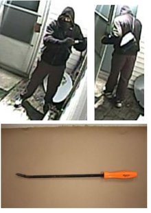 Surveillance camera images of the attempted burglar trying to gain entry to Sheboygan Shooter Supply and Repair, and what the pry bar he used would look like. Surveillance camera images of the attempted burglar trying to gain entry to Sheboygan Shooter Supply and Repair, and what the pry bar he used would look like.