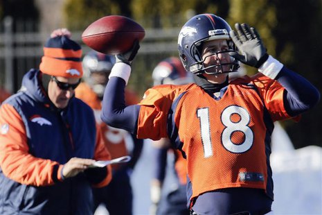 Denver Broncos offensive coordinator Adam Gase (L) checks his clipboard as quarterback Peyton Manning (18) throws a pass during their practi Denver Broncos offensive coordinator Adam Gase (L) checks his clipboard as quarterback Peyton Manning (18) throws a pass during their practi