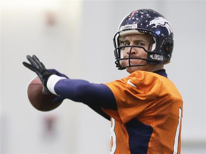 Denver Broncos quarterback Peyton Manning readies to throw a pass during their practice session for the Super Bowl at the New York Jets Trai Denver Broncos quarterback Peyton Manning readies to throw a pass during their practice session for the Super Bowl at the New York Jets Trai