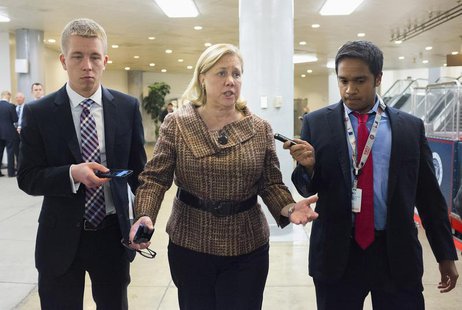 Senator Mary Landrieu (D-LA) speaks to reporters after the Democratic weekly policy luncheon on Capitol Hill in Washington January 28, 2014. Senator Mary Landrieu (D-LA) speaks to reporters after the Democratic weekly policy luncheon on Capitol Hill in Washington January 28, 2014.