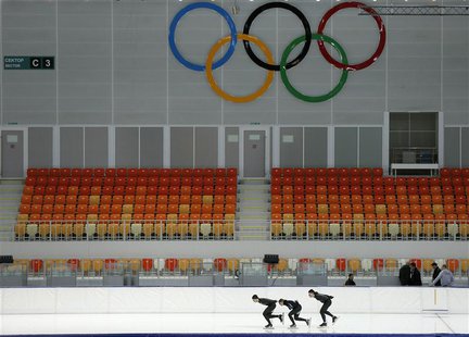 Members of the U.S. speedskating team practice at the Adler Arena on the Olympic Park as preparations continue for the Sochi 2014 Winter Oly Members of the U.S. speedskating team practice at the Adler Arena on the Olympic Park as preparations continue for the Sochi 2014 Winter Oly