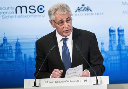 U.S. Defense Secretary Chuck Hagel speaks during the Munich Security Conference at the Bayerischer Hof Hotel in Munich February 1, 2014. REU U.S. Defense Secretary Chuck Hagel speaks during the Munich Security Conference at the Bayerischer Hof Hotel in Munich February 1, 2014. REU