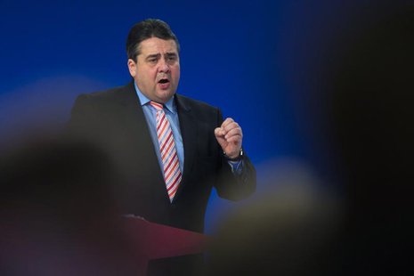 The leader of the Social Democratic Party (SPD), German Economy Minister Sigmar Gabriel delivers a speech about his party's strategy for thi The leader of the Social Democratic Party (SPD), German Economy Minister Sigmar Gabriel delivers a speech about his party's strategy for thi
