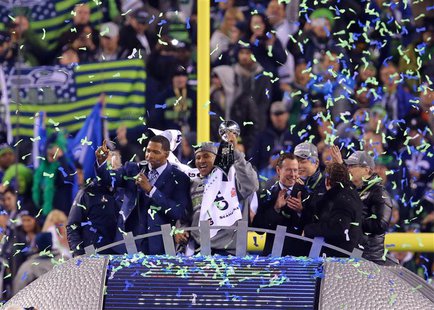 Feb 2, 2014; East Rutherford, NJ, USA; Seattle Seahawks outside linebacker Malcolm Smith (53) wins MVP in Super Bowl XLVIII against the Denv Feb 2, 2014; East Rutherford, NJ, USA; Seattle Seahawks outside linebacker Malcolm Smith (53) wins MVP in Super Bowl XLVIII against the Denv