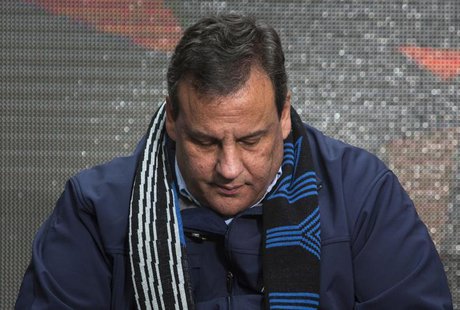 New Jersey Governor Chris Christie sits on stage during the Super Bowl hand-off ceremony on Super Bowl Boulevard in Times Square, as part of New Jersey Governor Chris Christie sits on stage during the Super Bowl hand-off ceremony on Super Bowl Boulevard in Times Square, as part of