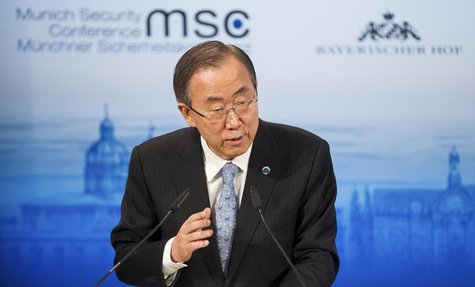 U.N. Secretary General Ban Ki-moon gives his speech during the annual Munich Security Conference February 1, 2014. REUTERS/Lukas Barth U.N. Secretary General Ban Ki-moon gives his speech during the annual Munich Security Conference February 1, 2014. REUTERS/Lukas Barth