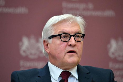 Germany's Foreign Minister Frank-Walter Steinmeier speaks during a news conference with Britain's Foreign Secretary William Hague in the For Germany's Foreign Minister Frank-Walter Steinmeier speaks during a news conference with Britain's Foreign Secretary William Hague in the For