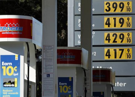 Gas prices are displayed at a petrol kiosk in Dal Mar, California March 1, 2011 file photo. REUTERS/Mike Blake Gas prices are displayed at a petrol kiosk in Dal Mar, California March 1, 2011 file photo. REUTERS/Mike Blake