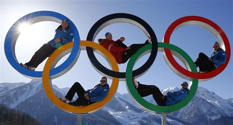 Austrian alpine skiers Georg Streitberger, Klaus Kroell, Max Franz, Joachim Puchner and Romed Baumann (L-R) pose for a photograph in the Oly Austrian alpine skiers Georg Streitberger, Klaus Kroell, Max Franz, Joachim Puchner and Romed Baumann (L-R) pose for a photograph in the Oly