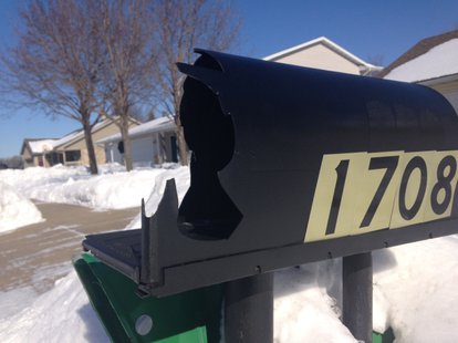 One of 33 mailboxes damaged in Kaukauna, Feb. 3, 2014. (Photo from: FOX 11). One of 33 mailboxes damaged in Kaukauna, Feb. 3, 2014. (Photo from: FOX 11).
