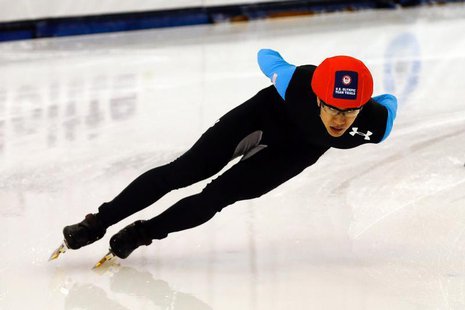 Jan 4, 2014; Kearns, UT, USA; J.R. Celski competes in the fourth heat in the 500m of the U.S. Olympic short track speedskating trials at Uta Jan 4, 2014; Kearns, UT, USA; J.R. Celski competes in the fourth heat in the 500m of the U.S. Olympic short track speedskating trials at Uta