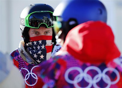 U.S. snowboarder Shaun White waits in line during a breakdown of the chairlift at snowboard slopestyle training for the 2014 Sochi Winter Ol U.S. snowboarder Shaun White waits in line during a breakdown of the chairlift at snowboard slopestyle training for the 2014 Sochi Winter Ol
