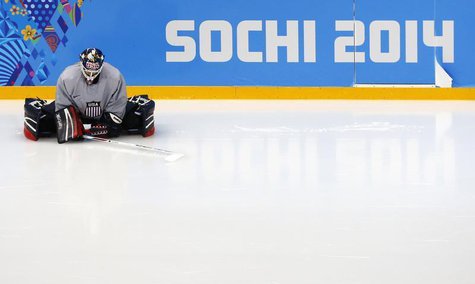 Team USA goaltender Brianne McLaughlin stretches before their women's ice hockey team practice at the Shayba Arena ahead of the 2014 Sochi W Team USA goaltender Brianne McLaughlin stretches before their women's ice hockey team practice at the Shayba Arena ahead of the 2014 Sochi W