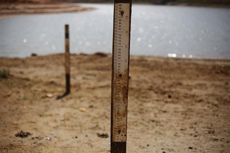 Water markers indicating where water level used to be are seen at Jaguary dam, as the dam dries up over a long drought period in the state o Water markers indicating where water level used to be are seen at Jaguary dam, as the dam dries up over a long drought period in the state o