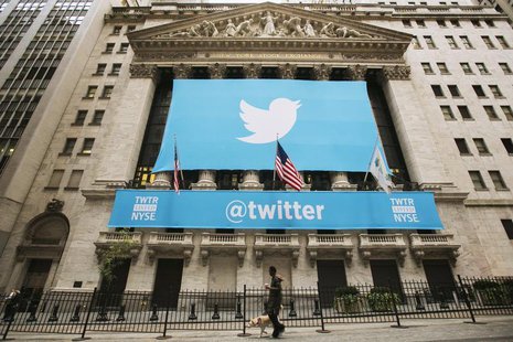 A sign displays the Twitter logo on the front of the New York Stock Exchange ahead of the company's IPO in New York, November 7, 2013. REUTE A sign displays the Twitter logo on the front of the New York Stock Exchange ahead of the company's IPO in New York, November 7, 2013. REUTE
