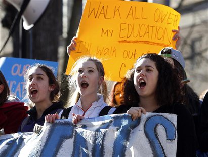 Students from Lincoln high school demonstrate in support of teachers in contract negotiations during a school walkout in Portland, Oregon Fe Students from Lincoln high school demonstrate in support of teachers in contract negotiations during a school walkout in Portland, Oregon Fe