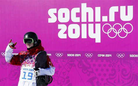 Canada's Maxence Parrot reacts after receiving the highest score yet for the day at the finish line during the men's slopestyle snowboarding Canada's Maxence Parrot reacts after receiving the highest score yet for the day at the finish line during the men's slopestyle snowboarding