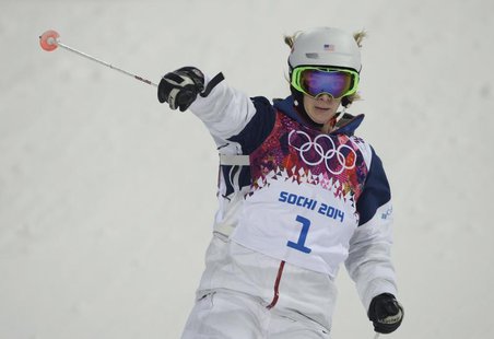 Hannah Kearney of the U.S. reacts during the women's freestyle skiing moguls qualification round at the 2014 Sochi Olympic Games in Rosa Khu Hannah Kearney of the U.S. reacts during the women's freestyle skiing moguls qualification round at the 2014 Sochi Olympic Games in Rosa Khu