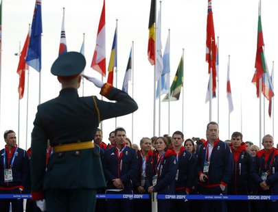 Members of the British Olympic Team attend a welcoming ceremony for the team in the Athletes Village, at the Olympic Park ahead of the 2014 Members of the British Olympic Team attend a welcoming ceremony for the team in the Athletes Village, at the Olympic Park ahead of the 2014