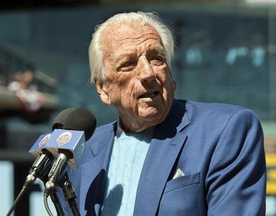 Hall of Fame player and broadcaster Ralph Kiner, beginning his 51st year with the New York Mets, announces the starting lineup before their Hall of Fame player and broadcaster Ralph Kiner, beginning his 51st year with the New York Mets, announces the starting lineup before their