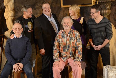 Cast members (L-R) Bob Balaban, George Clooney, John Goodman, Bill Murray, Cate Blanchett, Matt Damon and Grant Heslov are pictured during a Cast members (L-R) Bob Balaban, George Clooney, John Goodman, Bill Murray, Cate Blanchett, Matt Damon and Grant Heslov are pictured during a