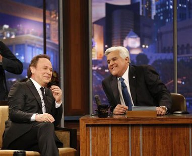 Host Jay Leno (R) is pictured with actor Billy Crystal during a commercial break while taping the last episode of "The Tonight Show with Jay Host Jay Leno (R) is pictured with actor Billy Crystal during a commercial break while taping the last episode of "The Tonight Show with Jay