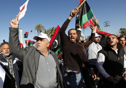 Demonstrators take part in a protest against the General National Congress (GNC) at the Martyrs' Square in Tripoli February 7, 2014. . REUTE Demonstrators take part in a protest against the General National Congress (GNC) at the Martyrs' Square in Tripoli February 7, 2014. . REUTE