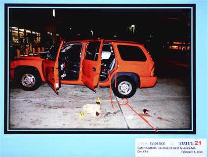 A state evidence photo presented February 7, 2014 during the murder trial of Michael Dunn in Jacksonville, Florida, shows the red Durango SU A state evidence photo presented February 7, 2014 during the murder trial of Michael Dunn in Jacksonville, Florida, shows the red Durango SU