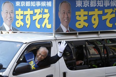 Japan's former health minister and candidate of Tokyo gubernatorial election Yoichi Masuzoe waves to voters from a van, while campaigning fo Japan's former health minister and candidate of Tokyo gubernatorial election Yoichi Masuzoe waves to voters from a van, while campaigning fo