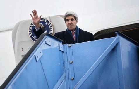 U.S. Secretary of State John Kerry waves while boarding his plane at Franz-Josef-Strauss Airport in Munich, southern Germany, February 2, 20 U.S. Secretary of State John Kerry waves while boarding his plane at Franz-Josef-Strauss Airport in Munich, southern Germany, February 2, 20