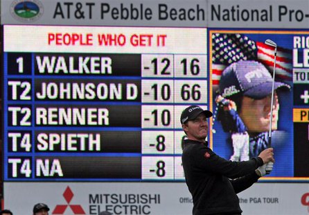 Feb 9, 2014; Pebble Beach, CA, USA; Jimmy Walker tees off on the17th hole at Pebble Beach Golf Links, during the final rounds of the AT&T Na Feb 9, 2014; Pebble Beach, CA, USA; Jimmy Walker tees off on the17th hole at Pebble Beach Golf Links, during the final rounds of the AT&T Na