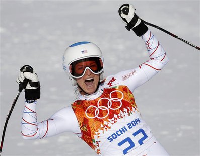 Julia Mancuso of the U.S. celebrates in the finish area after competing during the downhill run of the women's alpine skiing super combined Julia Mancuso of the U.S. celebrates in the finish area after competing during the downhill run of the women's alpine skiing super combined