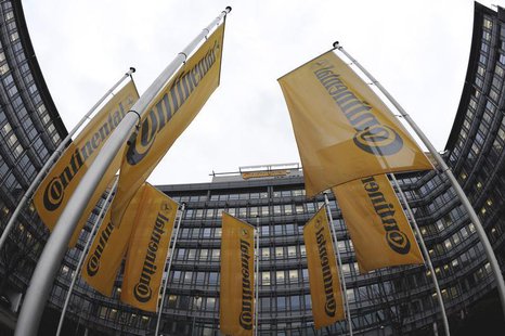 Flags of Germany's Continental AG hang in the rain during a board meeting of Continental in Frankfurt, in this March 6, 2009 file photo. REU Flags of Germany's Continental AG hang in the rain during a board meeting of Continental in Frankfurt, in this March 6, 2009 file photo. REU