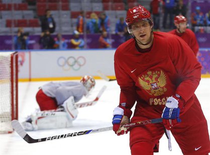 Team Russia's forward Alexander Ovechkin attends team practice in the Bolshoy Ice Dome at the 2014 Sochi Winter Olympics, February 11, 2014. Team Russia's forward Alexander Ovechkin attends team practice in the Bolshoy Ice Dome at the 2014 Sochi Winter Olympics, February 11, 2014.