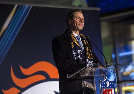 New York State Governor Andrew Cuomo speaks at an opening ceremony for 'Super Bowl Boulevard' along Broadway as preparations continue for Su New York State Governor Andrew Cuomo speaks at an opening ceremony for 'Super Bowl Boulevard' along Broadway as preparations continue for Su