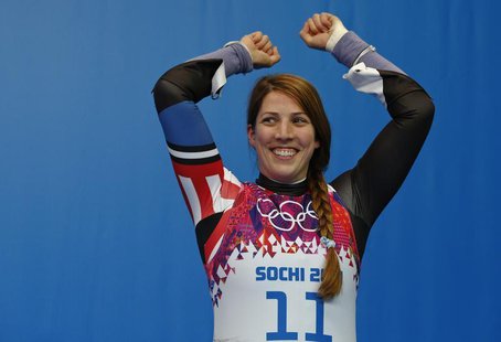 Third-placed Erin Hamlin of the U.S. celebrates after the women's singles luge event at the 2014 Sochi Winter Olympics, at the Sanki Sliding Third-placed Erin Hamlin of the U.S. celebrates after the women's singles luge event at the 2014 Sochi Winter Olympics, at the Sanki Sliding