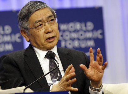 Haruhiko Kuroda, Governor of the Bank of Japan speaks during a session at the World Economic Forum (WEF) in Davos January 25, 2014. REUTERS/ Haruhiko Kuroda, Governor of the Bank of Japan speaks during a session at the World Economic Forum (WEF) in Davos January 25, 2014. REUTERS/