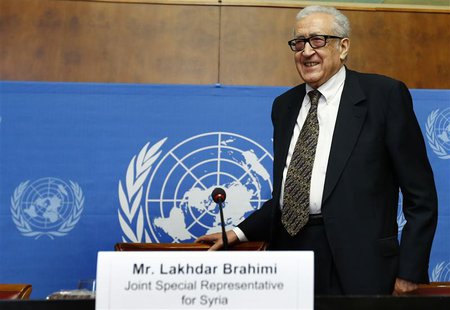 U.N.-Arab League envoy for Syria Lakhdar Brahimi arrives for a news conference at the United Nations European headquarters in Geneva Februar U.N.-Arab League envoy for Syria Lakhdar Brahimi arrives for a news conference at the United Nations European headquarters in Geneva Februar