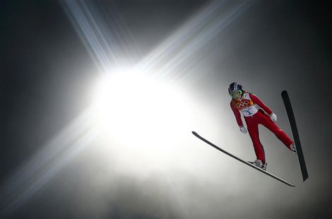 Sarah Hendrickson of the U.S. soars through the air in her trial jump during the women's ski jumping individual normal hill event of the Soc Sarah Hendrickson of the U.S. soars through the air in her trial jump during the women's ski jumping individual normal hill event of the Soc