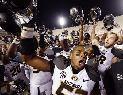 Missouri Tigers defensive lineman Michael Sam (52) reacts after the game at Memorial Stadium after Missouri defeated Indiana 45-28 in Bloomi Missouri Tigers defensive lineman Michael Sam (52) reacts after the game at Memorial Stadium after Missouri defeated Indiana 45-28 in Bloomi