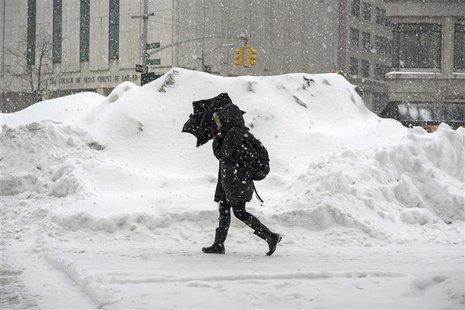 A woman uses an umbrella to shelter from snow flurries as she walks along a street in the Manhattan borough of New York February 13, 2014. R A woman uses an umbrella to shelter from snow flurries as she walks along a street in the Manhattan borough of New York February 13, 2014. R