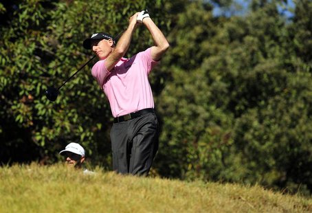 February 14, 2014; Pacific Palisades, CA, USA; Jim Furyk hits out of the fifth hole tee during the second round of the Northern Trust Open a February 14, 2014; Pacific Palisades, CA, USA; Jim Furyk hits out of the fifth hole tee during the second round of the Northern Trust Open a