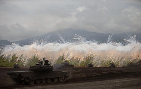 Japanese Ground Self-Defense Force armoured tanks fire during an annual training session near Mount Fuji at Higashifuji training field in Go Japanese Ground Self-Defense Force armoured tanks fire during an annual training session near Mount Fuji at Higashifuji training field in Go